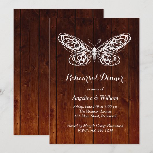 Barn Board Butterfly Rehearsal Dinner Invitation Kaart (Voorkant / Achterkant)