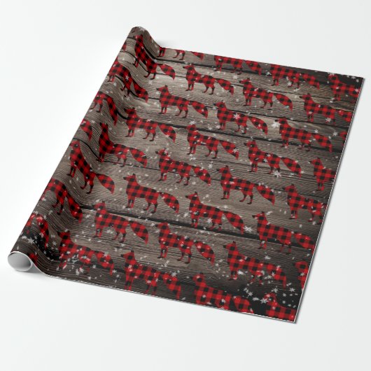 Barn Board Snowy Buffalo Plaid Red Fox Cadeaupapier (Uitgerold)