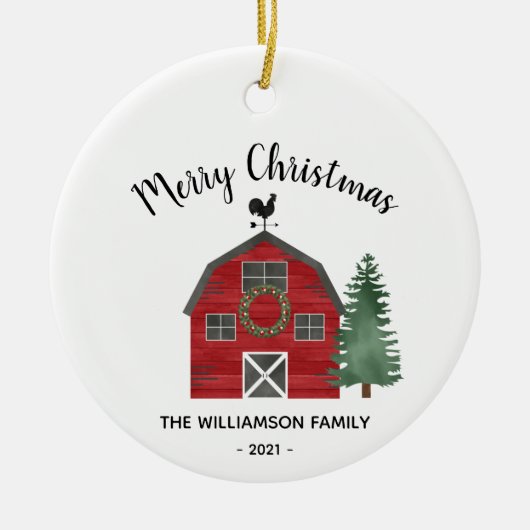 Barn Boerderij Land Merry Kerstfamilie Keramisch Ornament (Voorkant)