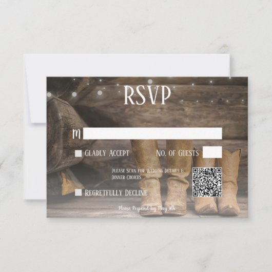 Barn & Boots Landelijke Cowboy Westerse Trouw QR C RSVP Kaartje (Voorkant)