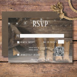 Barn & Boots Landelijke Cowboy Westerse Trouw QR C RSVP Kaartje<br><div class="desc">Zeg "Ja, ik wil" met een vleugje rustieke charme en western flair! Onze cowboy ranch-thema antwoordkaart met QR-code heeft een achtergrond van een verweerde blokhutmuur en houten vloer, waarmee de authentieke sfeer van het wilde westen wordt opgeroepen. Twee paar leren cowboylaarzen staan naast elkaar, als symbool voor jullie reis samen....</div>