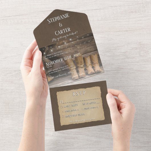 Barn & Boots Rustic Cowboy Western diner All In One Uitnodiging (Afscheurbaar)