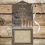 Barn & Boots Rustic Cowboy Western Geen diner All In One Uitnodiging<br><div class="desc">OOK VERKRIJGBAAR MET EEN QR-CODE OM TE SCANNEN IN HET RSVP-GEBIED. Zeg "Ik doe" met een vleugje rustieke charme en Westerne flair! Onze cowboy ranch-thema bruiloft uitnodigingen zijn voorzien van een verweerde blokhut muur en houten vloer achtergrond, het vastleggen van de authentieke essentie van de wilde grens. Twee paar lederen...</div>