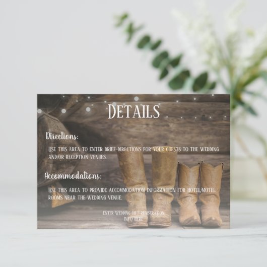 Barn & Boots Rustic Cowboy Westerne bruiloft Detai Informatiekaartje (Staand voorkant)
