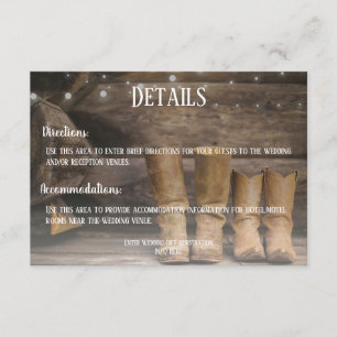 Barn & Boots Rustic Cowboy Westerne bruiloft Detai Informatiekaartje