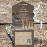 Barn & Boots Rustic Cowboy Westerne QR-code All In One Uitnodiging<br><div class="desc">BESCHIKBAAR MET OF ZONDER EEN QR-CODE OM TE SCANNEN IN HET RSVP-GEBIED. Zeg "Ik doe" met een vleugje rustieke charme en Westerne flair! Onze cowboy ranch-thema bruiloft uitnodigingen zijn voorzien van een verweerde blokhut muur en houten vloer achtergrond, het vastleggen van de authentieke essentie van de wilde grens. Twee paar...</div>