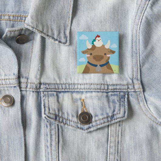 Barn Buddies - Koe & Kuiken Vierkante Button 5,1 Cm (In situ)