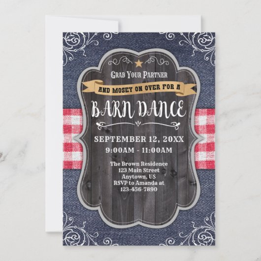 Barn Dance Denim Wood Rustic Uitnodiging (Voorkant)