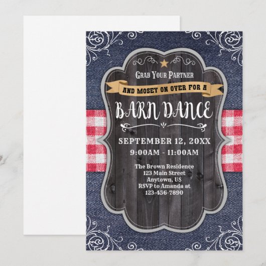 Barn Dance Denim Wood Rustic Uitnodiging (Voorkant / Achterkant)