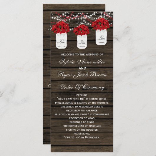 Barn hout poinsettias metselaar pot bruiloft progr programmakaart (Voorkant / Achterkant)