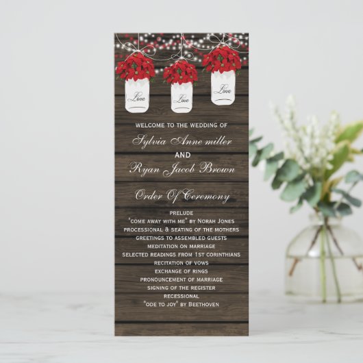 Barn hout poinsettias metselaar pot bruiloft progr programmakaart (Staand voorkant)
