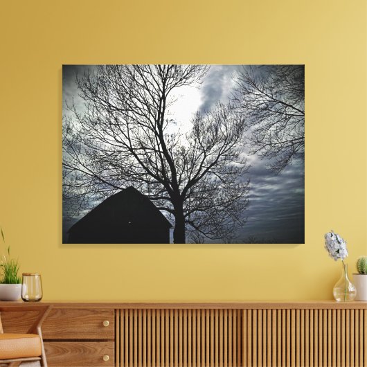 Barn met Sky & Bare Trees zwart & White Photo Canv Canvas Afdruk (Insitu (Woonkamer))