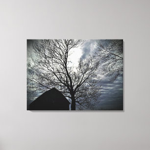 Barn met Sky & Bare Trees zwart & White Photo Canv Canvas Afdruk