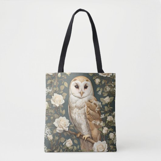 Barn Owl And White Roses William Morris Inspired Tote Bag (Voorkant)