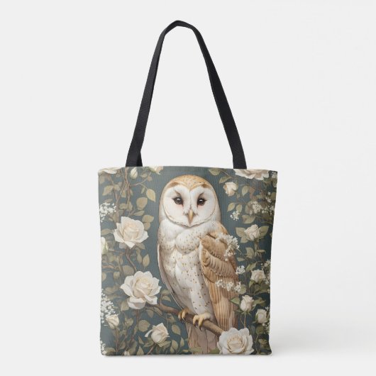 Barn Owl And White Roses William Morris Inspired Tote Bag (Achterkant)