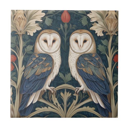 Barn Owl Couple William Morris stijl twee uilen Tegeltje (Voorkant)