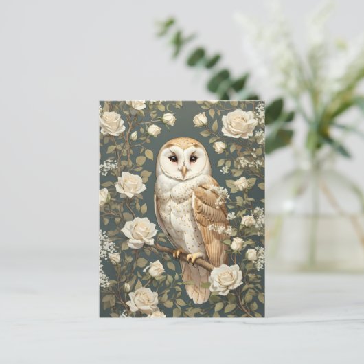 Barn Owl en Witte Rozen William Morris Geïnspireer Briefkaart (Staand voorkant)