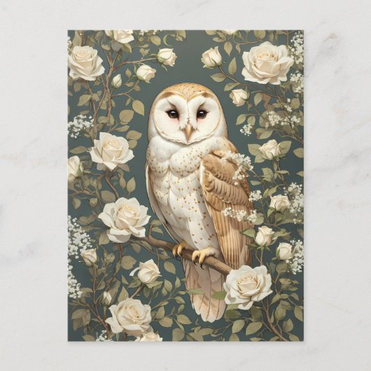 Barn Owl en Witte Rozen William Morris Geïnspireer Briefkaart (Voorkant)
