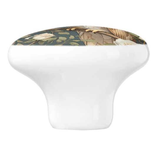 Barn Owl en Witte Rozen William Morris Geïnspireer Keramische Knop (Zijkant)
