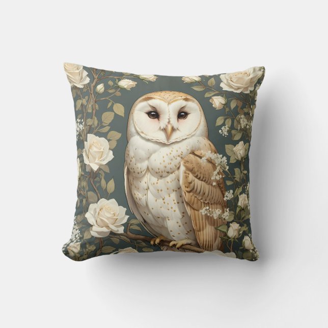 Barn Owl en Witte Rozen William Morris Geïnspireer Kussen (Voorkant)