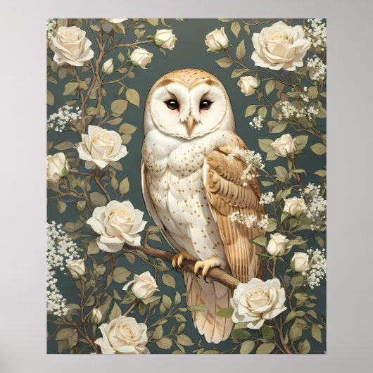 Barn Owl en Witte Rozen William Morris Geïnspireer Poster (Voorkant)
