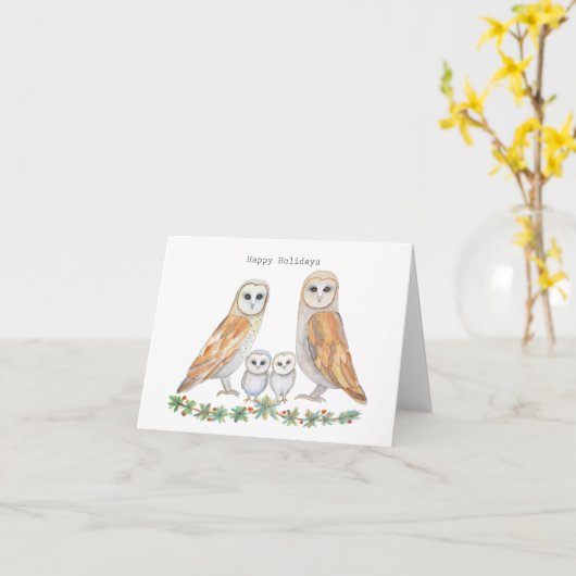 Barn Owl Familie van Vier  bosgebieden Kerstmis Kaart (Gele Bloem)