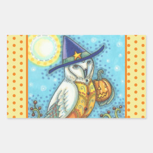 BARN OWL FOLK ART, HALLOWEEN BIRD STICKERS Rectang