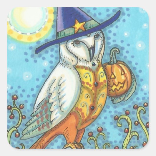 BARN OWL FOLK ART, HALLOWEEN BIRD STICKERS Square (Voorkant)