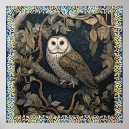 Barn Owl in een nachtbos William Morris Style Poster