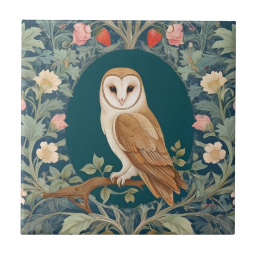 Barn Owl in Oval William Morris stijl Links tegeno Tegeltje (Voorkant)