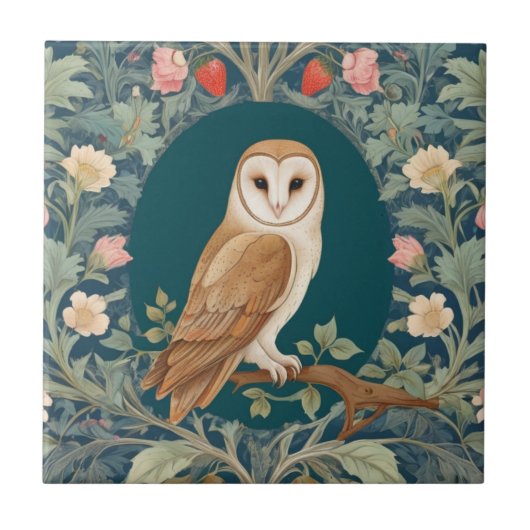Barn Owl in Oval William Morris stijl Rechts tegen Tegeltje (Voorkant)