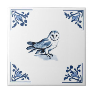 Barn Owl met Delfts Blauw en Witte Hoek bos Tegeltje
