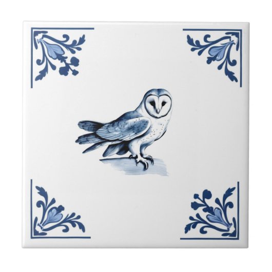 Barn Owl met Delfts Blauw en Witte Hoek bos Tegeltje (Voorkant)