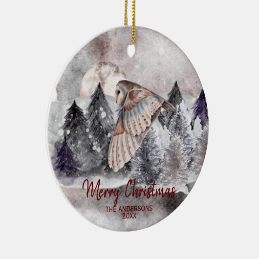Barn Owl Moon Waterverf Forest Kerstmis Ornament (Rechts)