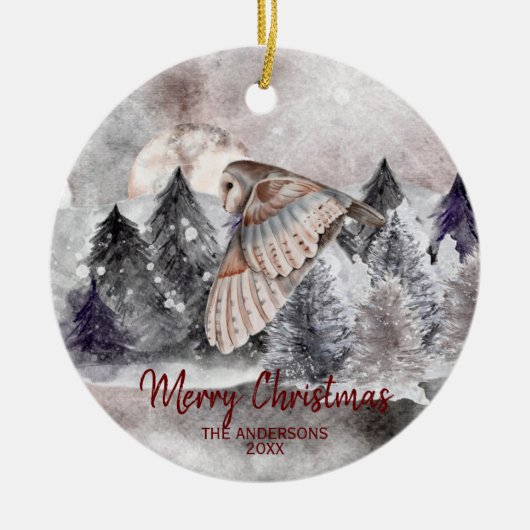 Barn Owl Moon Waterverf Forest Kerstmis Ornament (Voorkant)