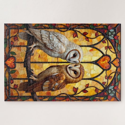 Barn Owls Heart-Faced Stained Glass Embrace Legpuzzel (Horizontaal)
