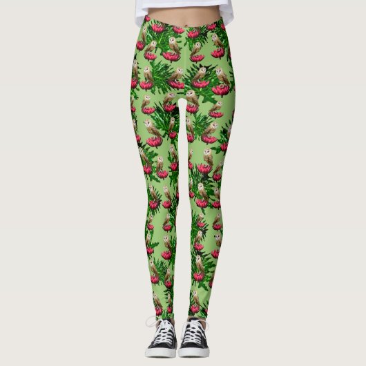 Barn Owls, Leaves and Roze Lotus Flowers Leggings (Voorkant)