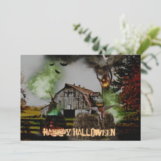 *~* Barn Pumpkins Spooky Ghost HALLOWEEN CARD (Staand voorkant)