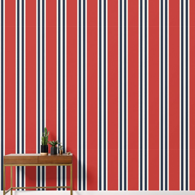 Barn Red & Navy Double Rugby Stripe  Behang (Hal)