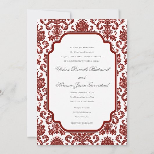 Barn Red Weddings Damask Pattern Sjabloon Kaart (Voorkant)