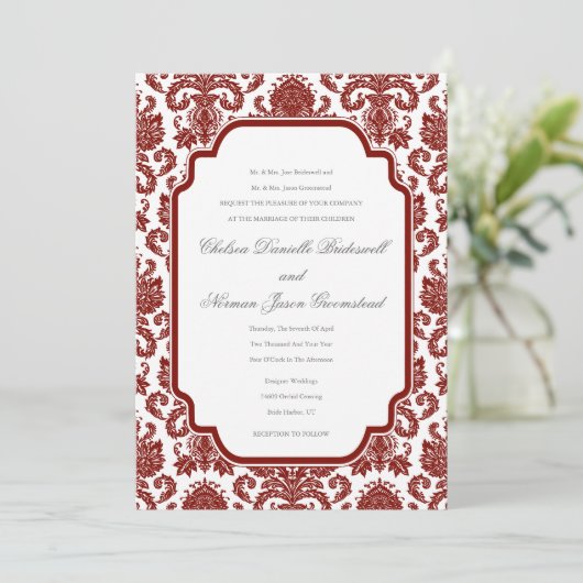 Barn Red Weddings Damask Pattern Sjabloon Kaart (Staand voorkant)