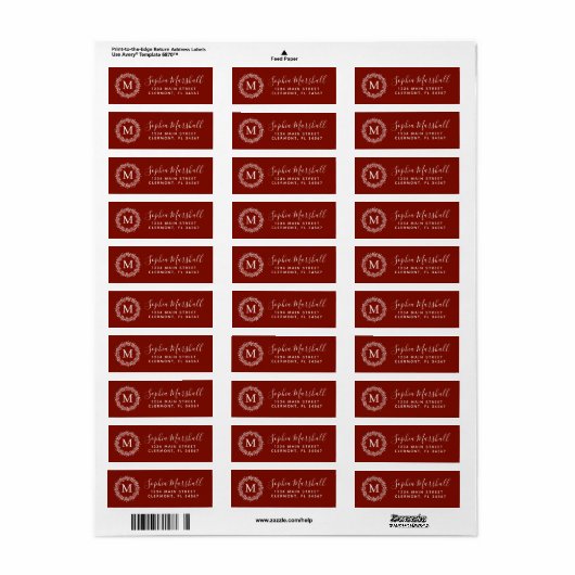 Barn Red White Monogram Return Label (Full Sheet)