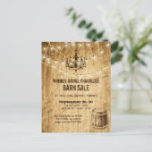 Barn Sale-postkaart w chandelier, whiskey-vat Briefkaart (Staand voorkant)