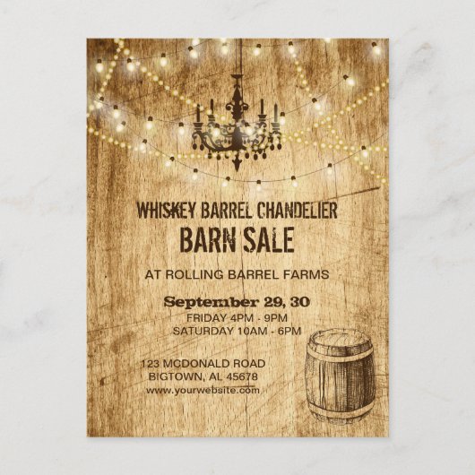 Barn Sale-postkaart w chandelier, whiskey-vat Briefkaart (Voorkant)