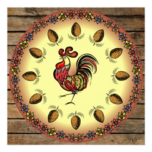 Barn Sign ~ Hex Sign ~ Rooster ~ Pine Cones ~ Foto Afdruk (Voorkant)