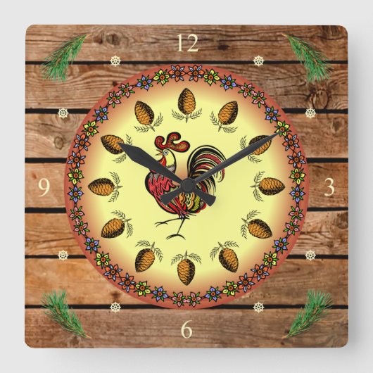 Barn Sign ~ Hex Sign ~ Rooster ~ Pine Cones ~ Vierkante Klok (Voorkant)