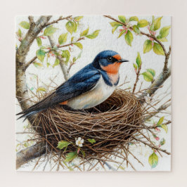 Barn Swallow Nesting op een met bloemen bedekte ta Legpuzzel
