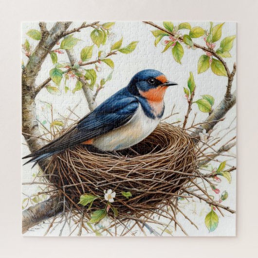 Barn Swallow Nesting op een met bloemen bedekte ta Legpuzzel (Verticaal)