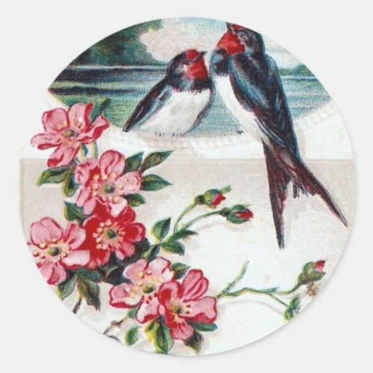 Barn Swallows en Roze Flowers Ronde Sticker (Voorkant)