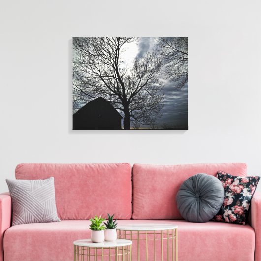Barn w/Sky & Bare Trees Canvas zwart/wit foto (Insitu (Woonkamer))